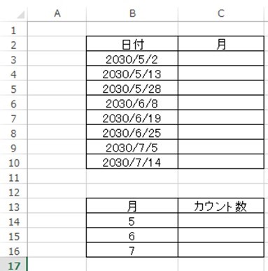 Excel エクセルで同じ月のカウントを行う方法 月別の集計 白丸くん