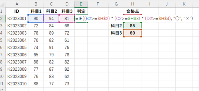 【Excel】エクセルにて合否判定(合格と不合格の表示)方法【色変更や範囲指定:3つ以上などの複数も】|白丸くん