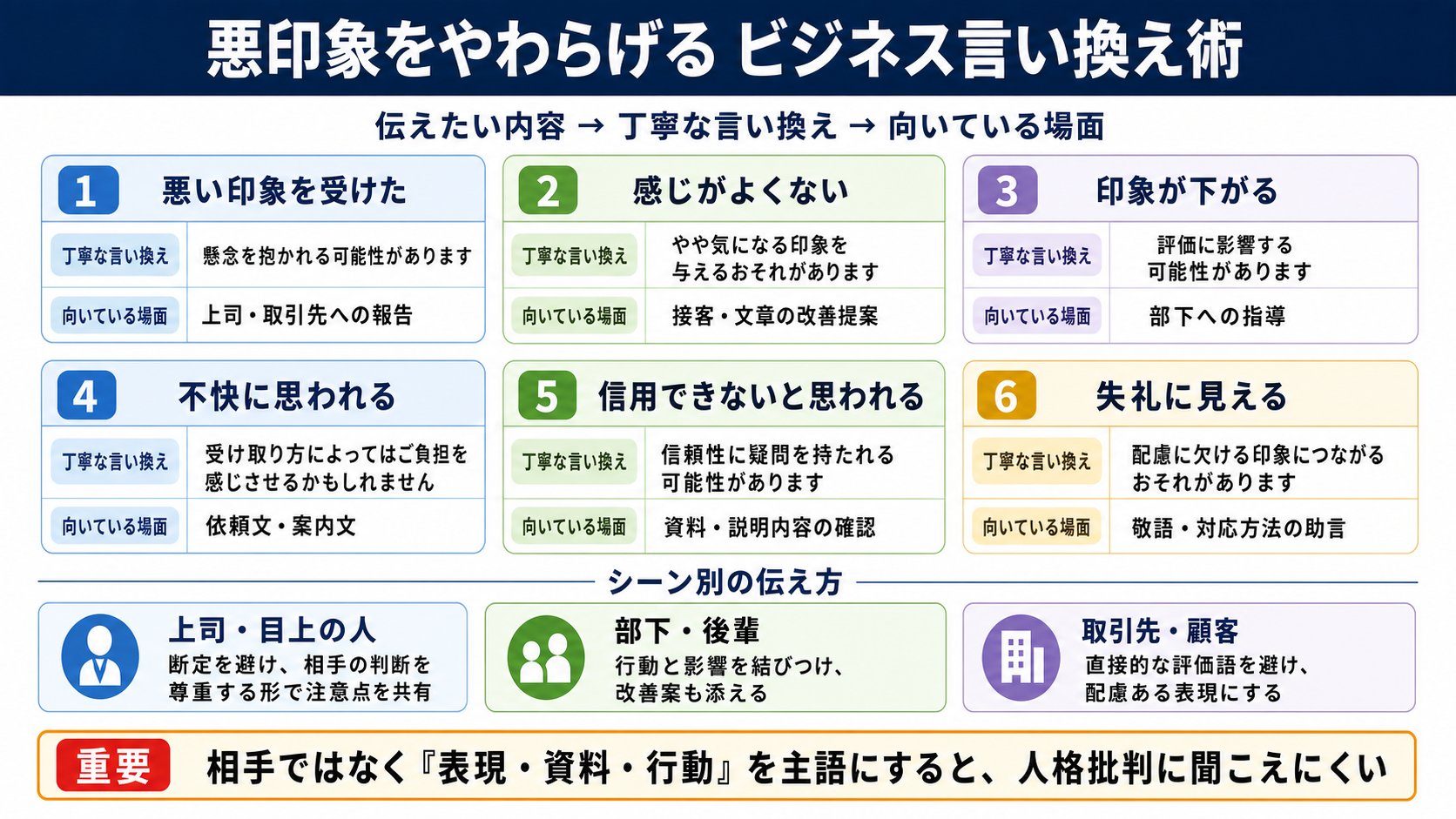 悪印象の言い換え一覧表をシーン別に解説