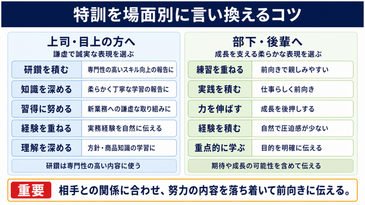 特訓の言い換え一覧表をシーン別に解説