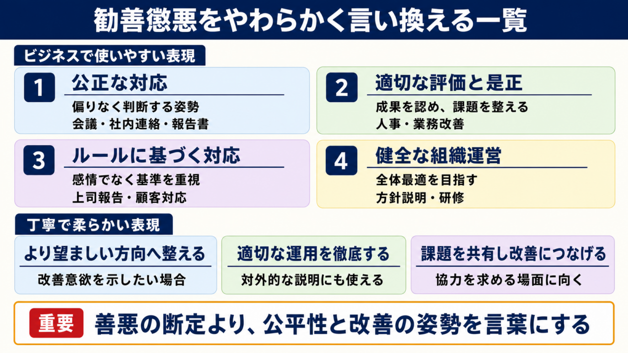 勧善懲悪の言い換え一覧表をシーン別に解説