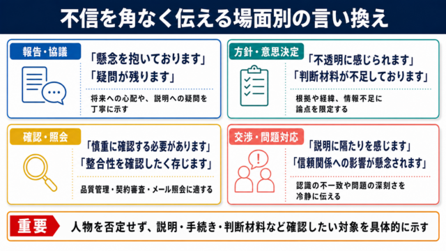 不信の言い換え一覧表をシーン別に解説