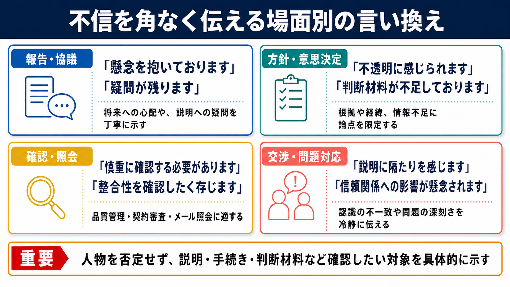 不信の言い換え一覧表をシーン別に解説