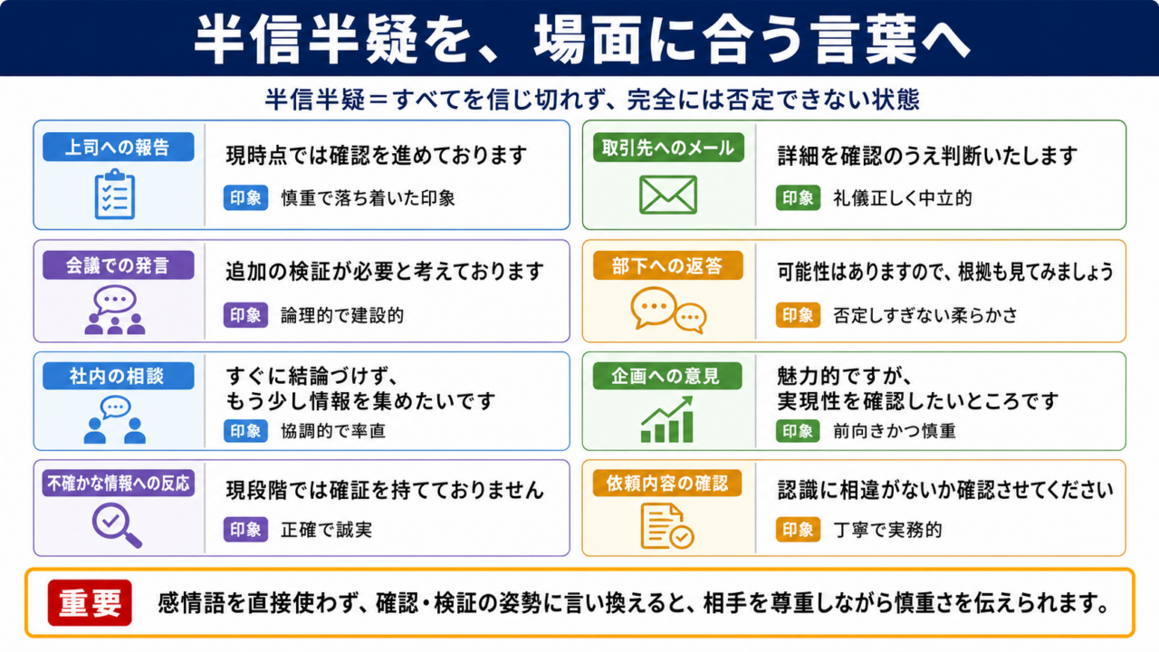 半信半疑の言い換え一覧表をシーン別に解説
