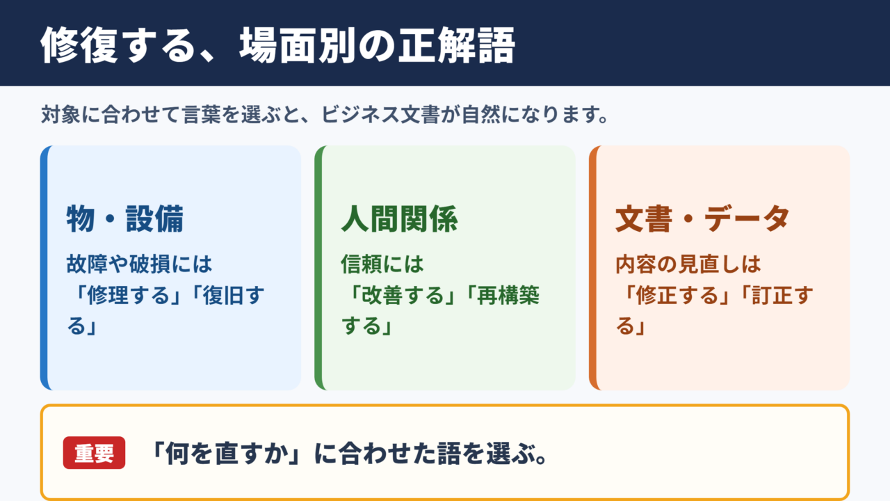 修復するの言い換え一覧表とシーン別の使い分け