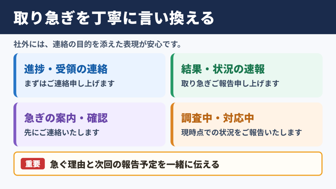 取り急ぎの言い換え一覧表と場面別の使い分け