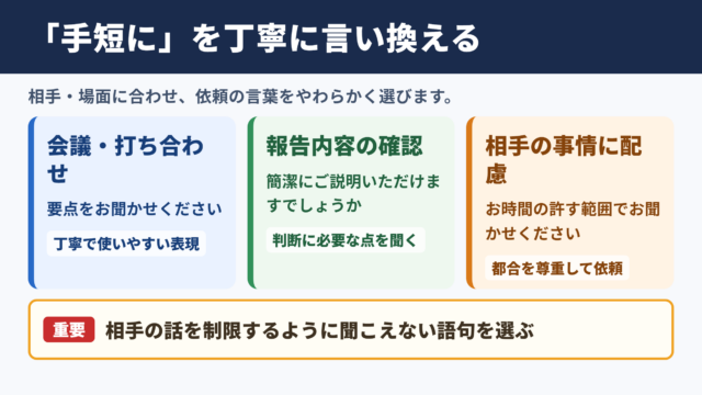 手短にの言い換え一覧表とシーン別の使い分け