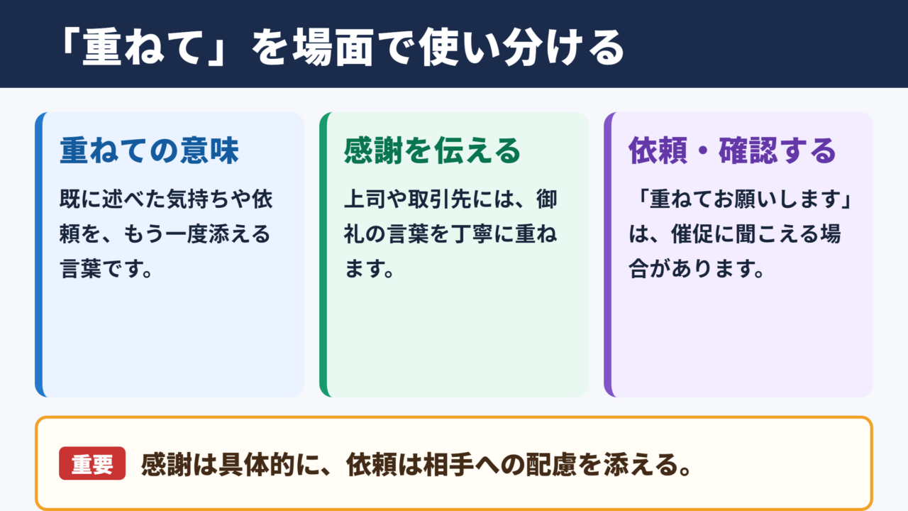 重ねての言い換え一覧表とシーン別の使い分け
