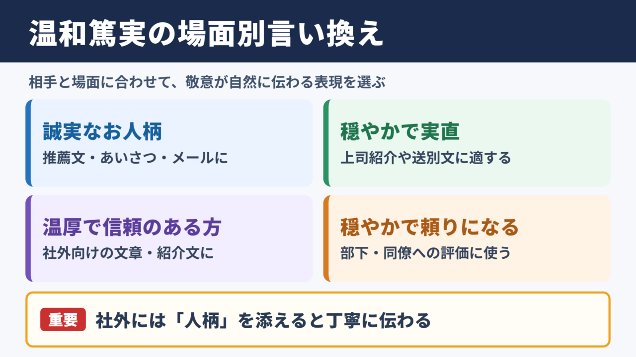温和篤実の言い換え一覧表と場面別の使い分け