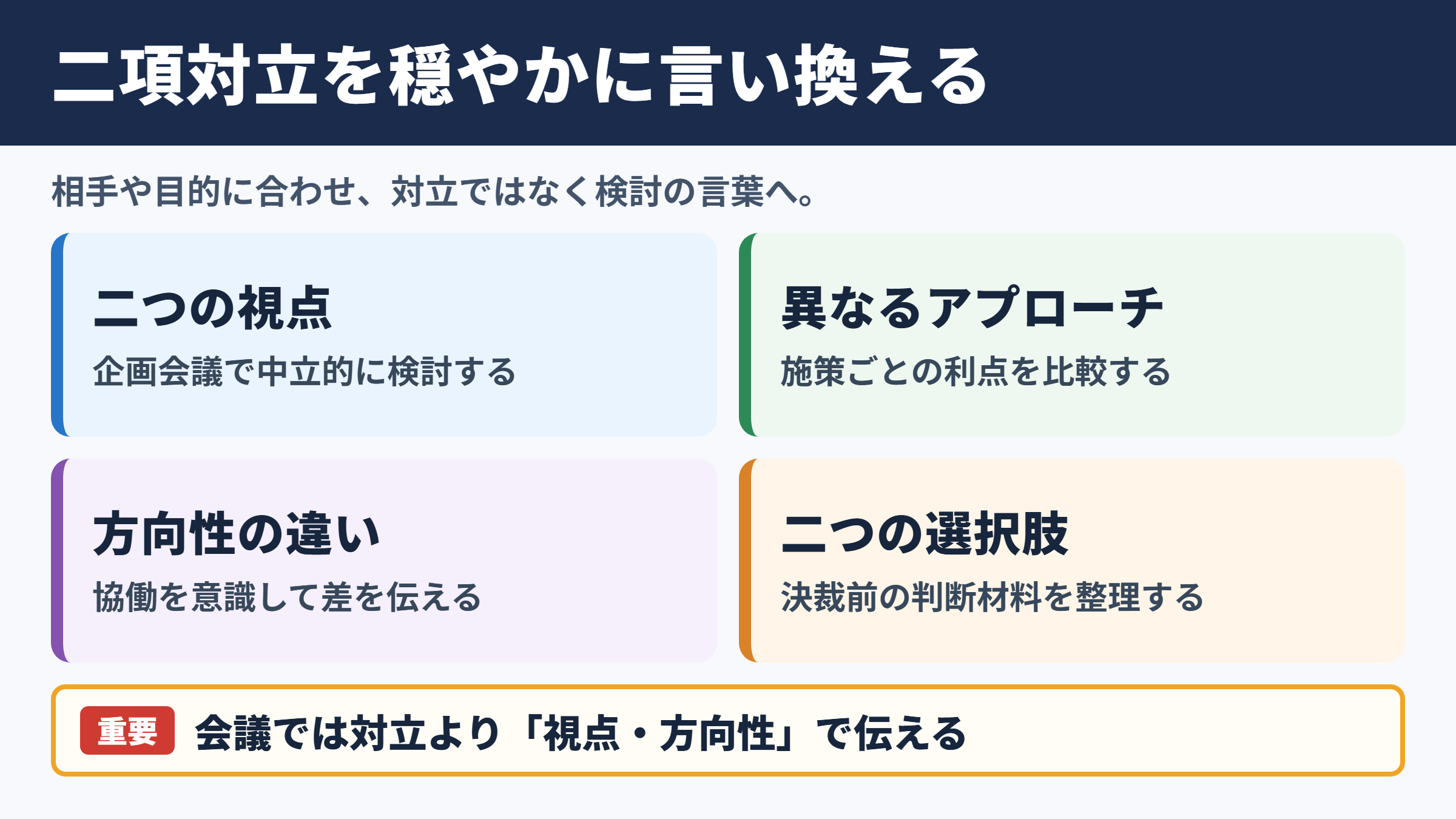 二項対立の言い換え一覧表とシーン別の使い分け
