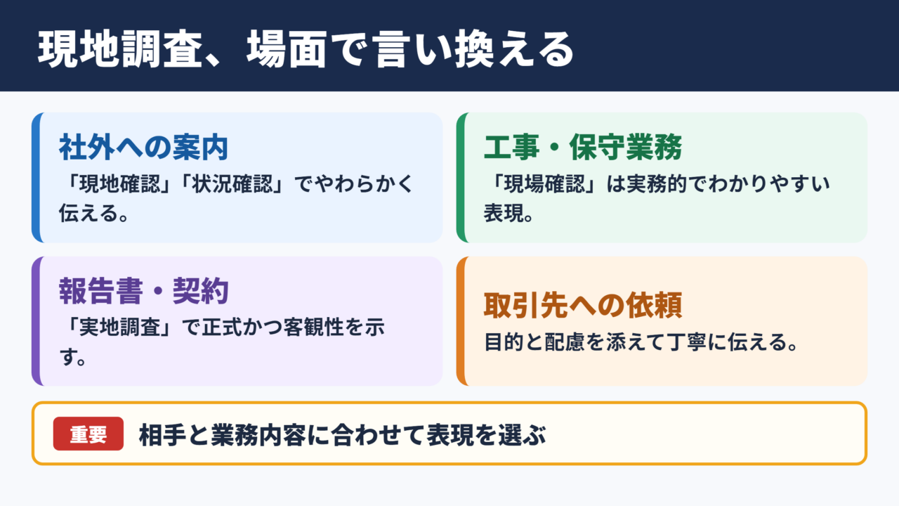 現地調査の言い換え一覧と場面別の使い分け