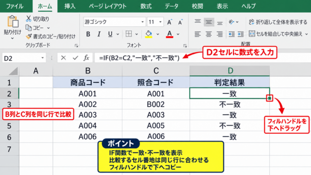 エクセルで一致確認する方法1【同じ位置のセルをIF関数で比較】 - IF関数による一致と不一致の表示