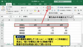 エクセルで文字を中央揃えにする方法【ホームタブの配置】 - 横位置を中央にする操作