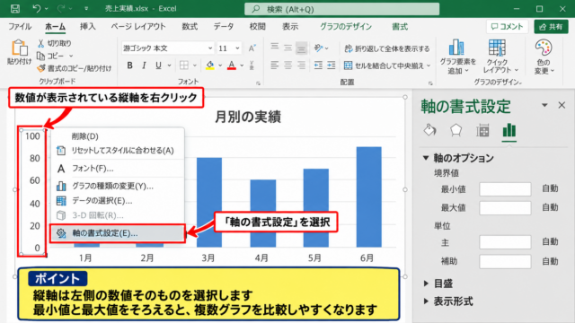 エクセルでグラフの縦軸・横軸を指定する方法 - 縦軸を選択して書式設定を開く操作