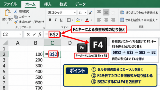 エクセルでB$を出す方法【F4キーによる複合参照】 - F4キーによる参照形式の切り替え