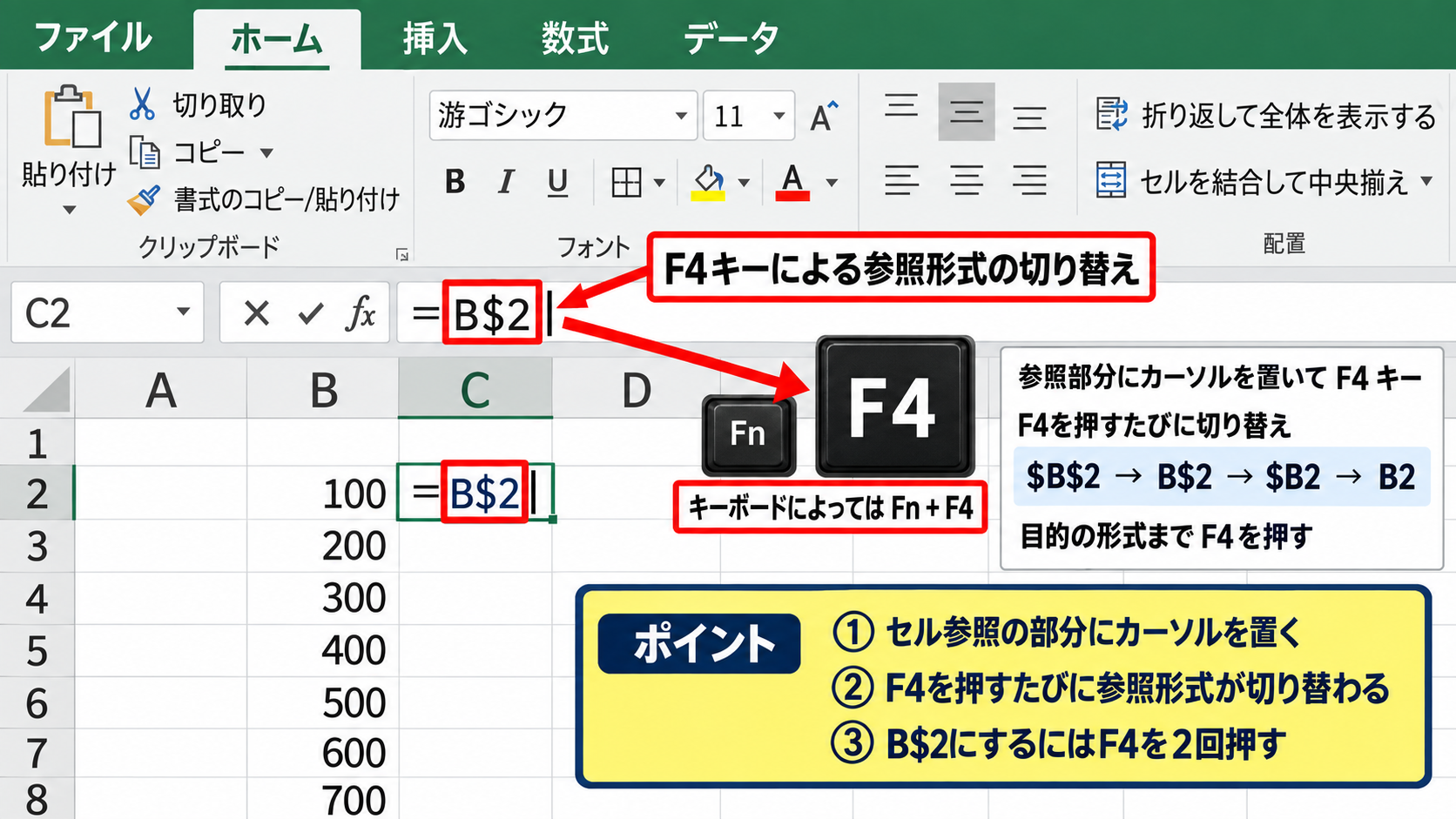 エクセルでB$を出す方法【F4キーによる複合参照】 - F4キーによる参照形式の切り替え
