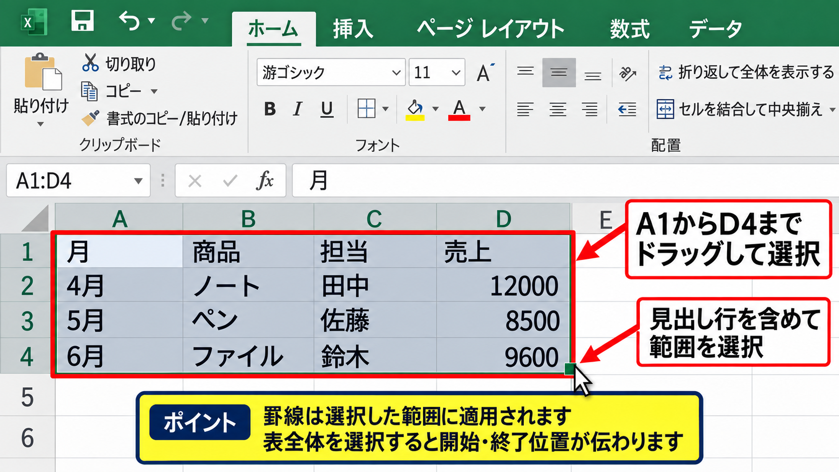 エクセルで枠線を出す方法【ホームタブの罫線ボタン】 - 対象セルの選択