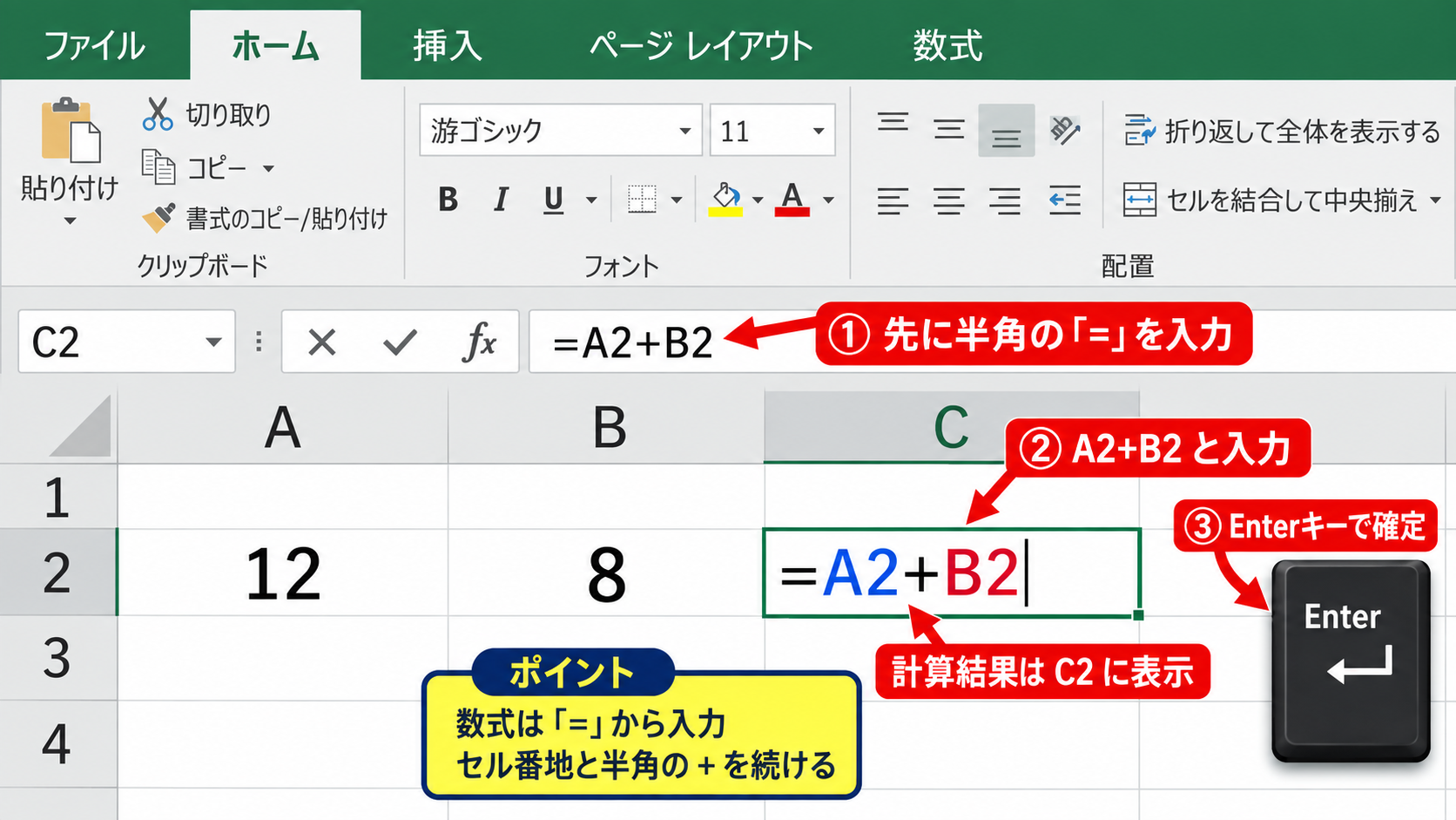 エクセルで+をキーボードから入力する方法 - セルを選んで数式を入力する操作