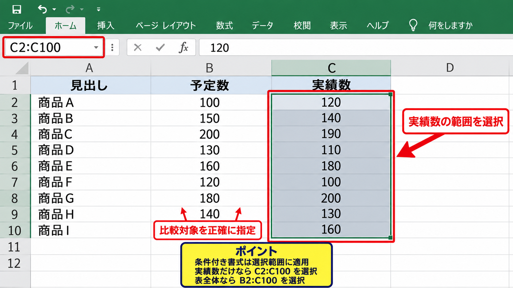 エクセルで数値が違う場合に色を付ける方法【条件付き書式】 - 比較対象の範囲選択