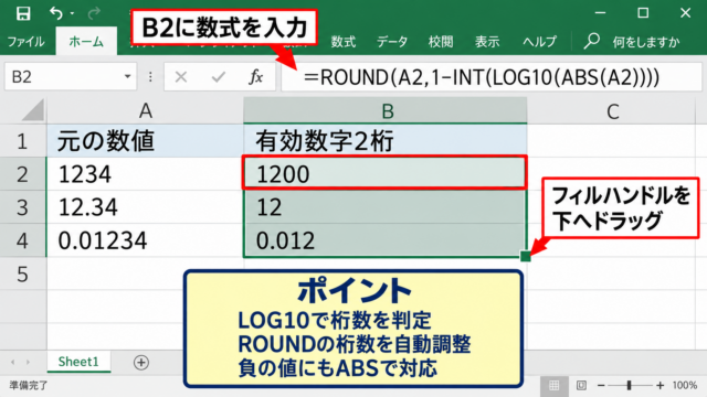 エクセルで有効数字を設定する方法 - ROUND関数で2桁に丸める数式