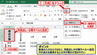 エクセルで数字を縦書きにする方法【文字の方向】 - ホームタブからの縦書き設定
