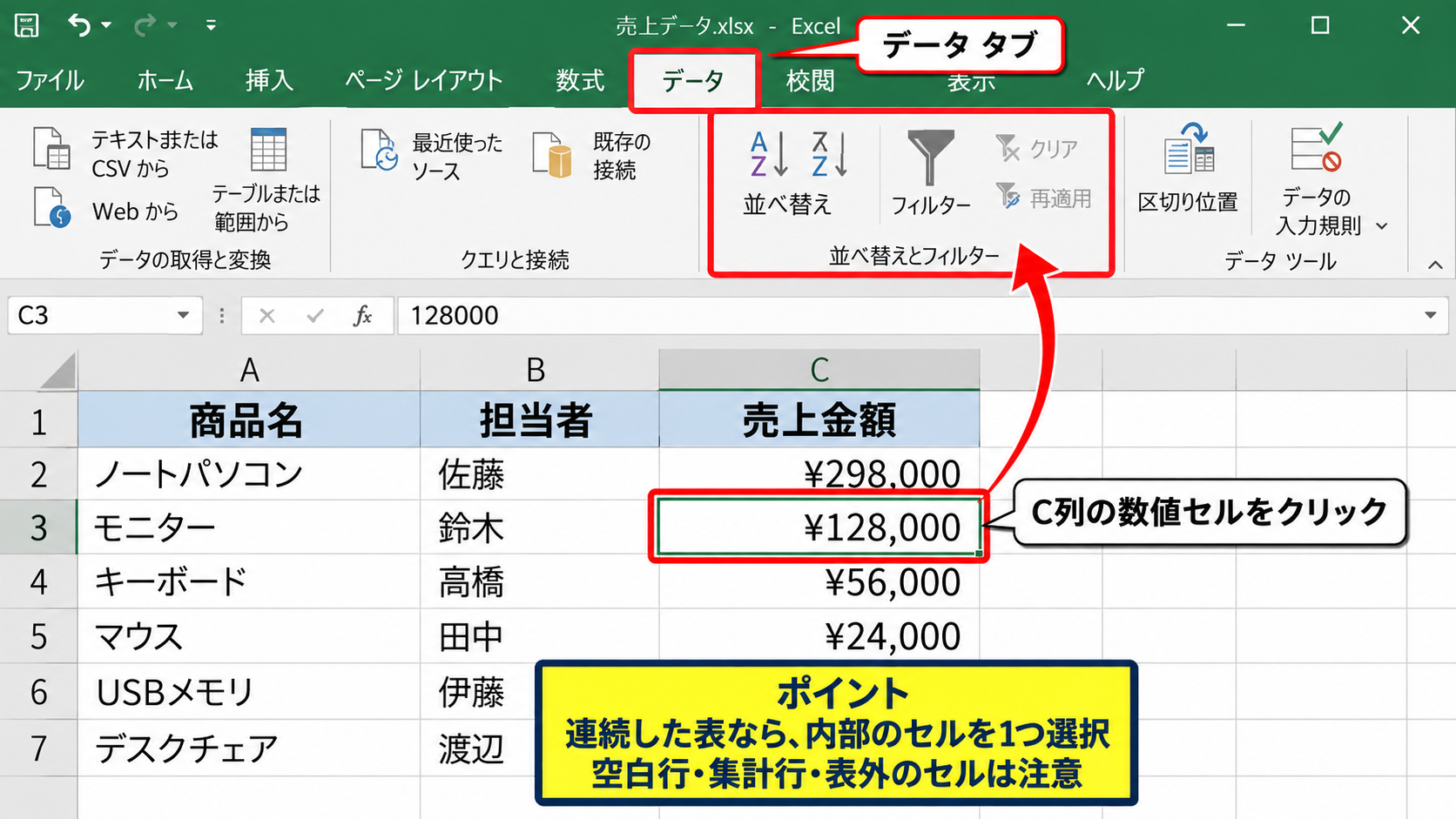 エクセルで並び替え範囲を指定する基本操作 - 表内のセルを一つ選択する方法