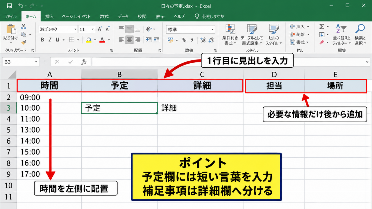 エクセルで1日のスケジュール表を作る基本手順 - 時間軸と管理項目の配置