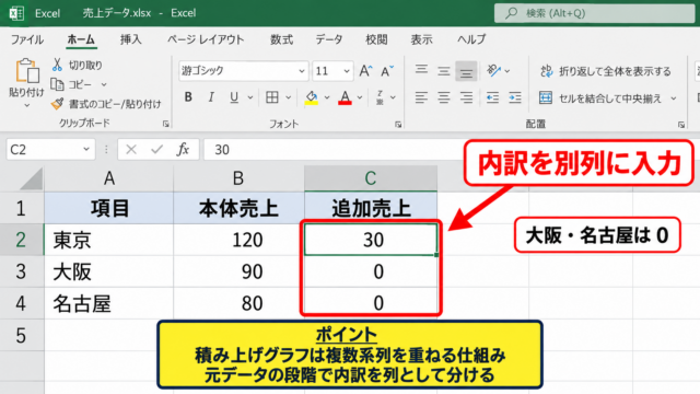 エクセルで1本だけ積み上げ棒グラフにする方法 - 元データを系列ごとに分ける準備