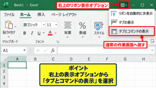 エクセルのリボンを固定表示に戻す方法【表示オプション】 - 右上のリボン表示オプション