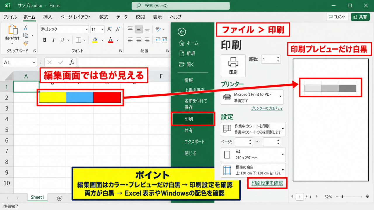 エクセルが白黒になるときの基本的な戻し方 - 編集画面と印刷プレビューの切り分け