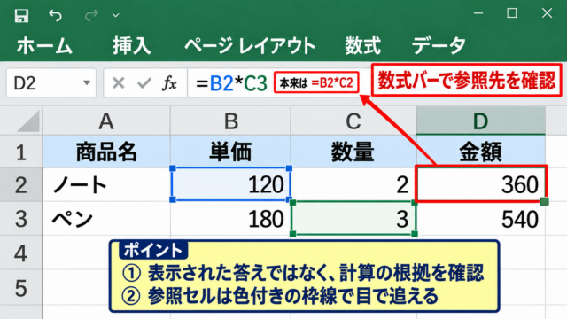 エクセルの計算結果を正しい数値へ戻す確認手順 - 数式バーと参照先の確認