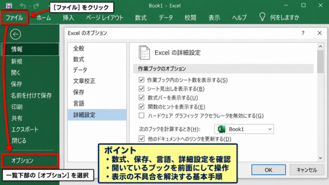 エクセルのシートタブを表示する方法 - ファイルタブからオプションを開く操作