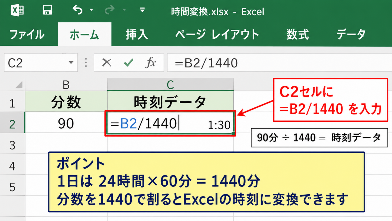 エクセルで数値を時間に変換する方法【分を時分表示へ変換】 - 分数を1440で割る数式