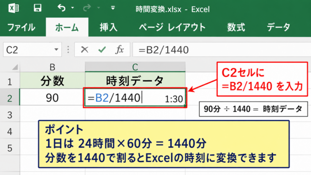 エクセルで数値を時間に変換する方法【分を時分表示へ変換】 - 分数を1440で割る数式
