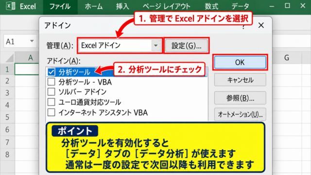 エクセルで単回帰分析を実行する方法 - 分析ツールの有効化