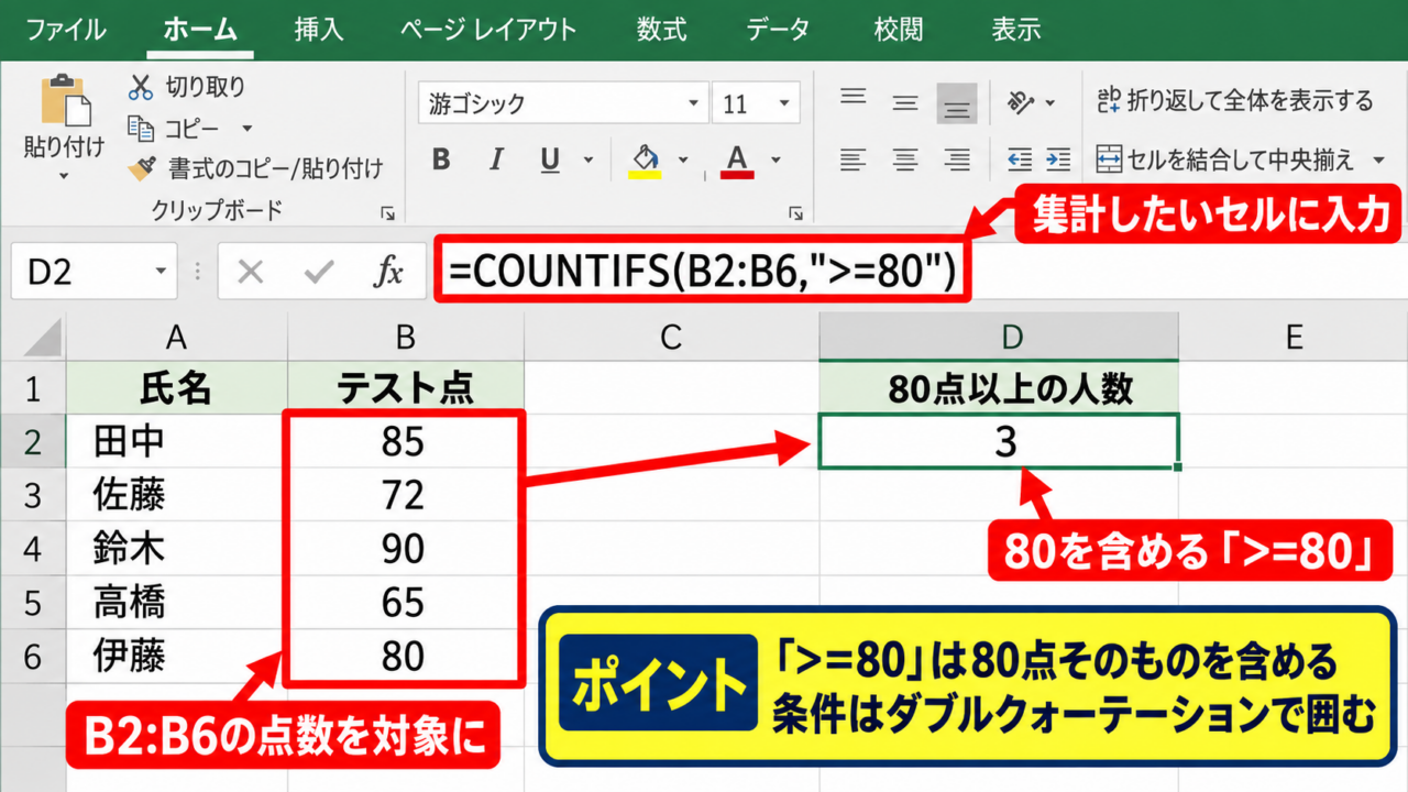 エクセルで以上・以下を数えるCOUNTIFS関数の基本式 - 80点以上をカウントする数式