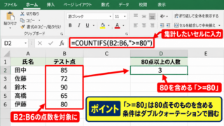 エクセルで以上・以下を数えるCOUNTIFS関数の基本式 - 80点以上をカウントする数式