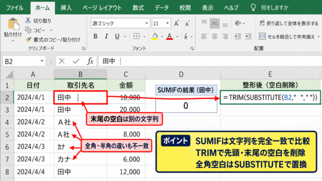 SUMIFが0になる場合の条件指定 - 条件文字列の全角半角と空白