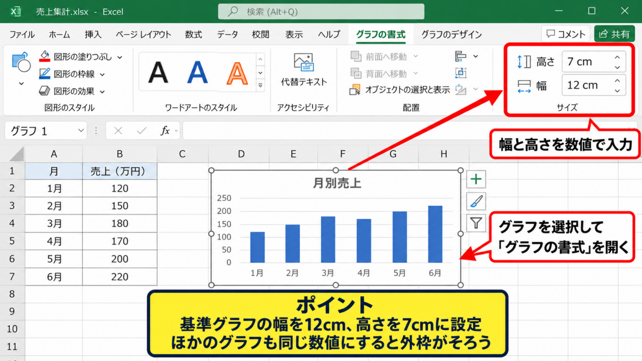 エクセルでグラフの大きさを揃える方法 - サイズ欄への数値入力