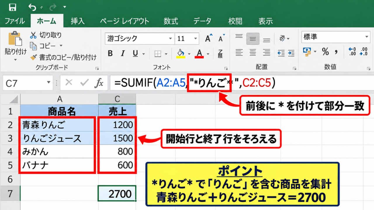 エクセルで特定の文字を合計する基本式 - SUMIF関数にワイルドカードを入れる方法