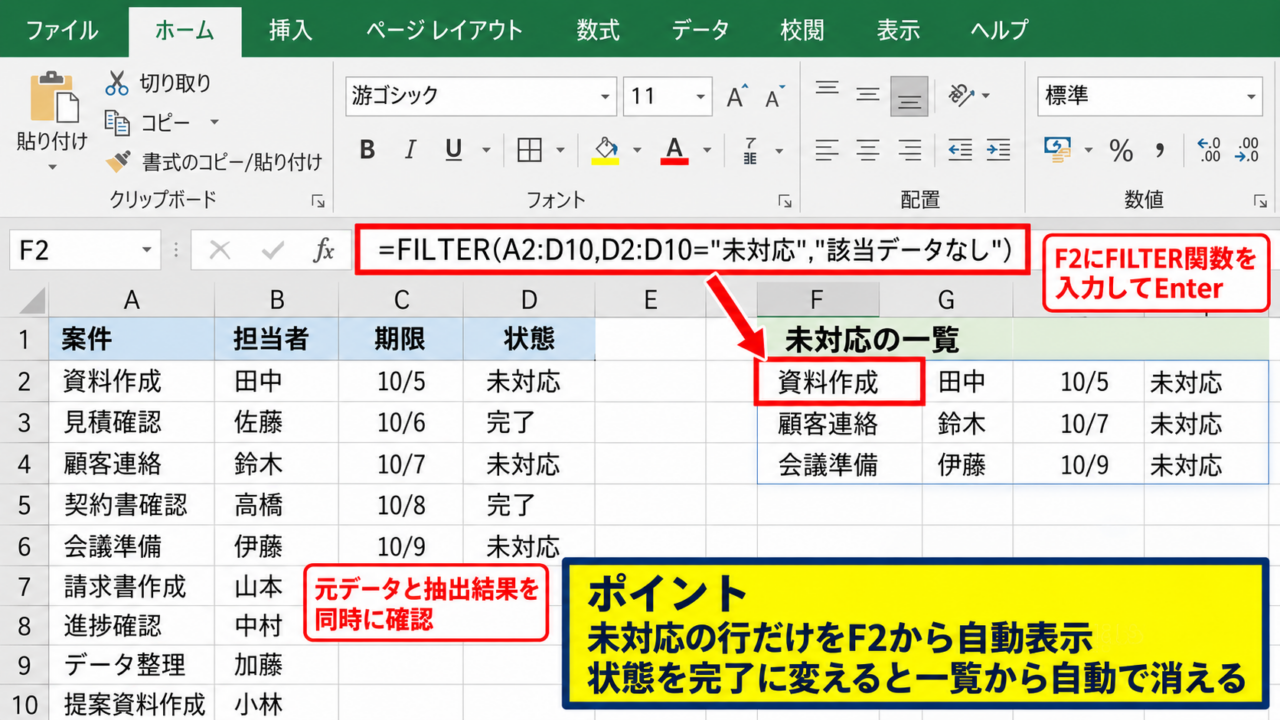 FILTER関数で特定の行を抽出する方法 - 未対応の行だけを別表へ表示する手順