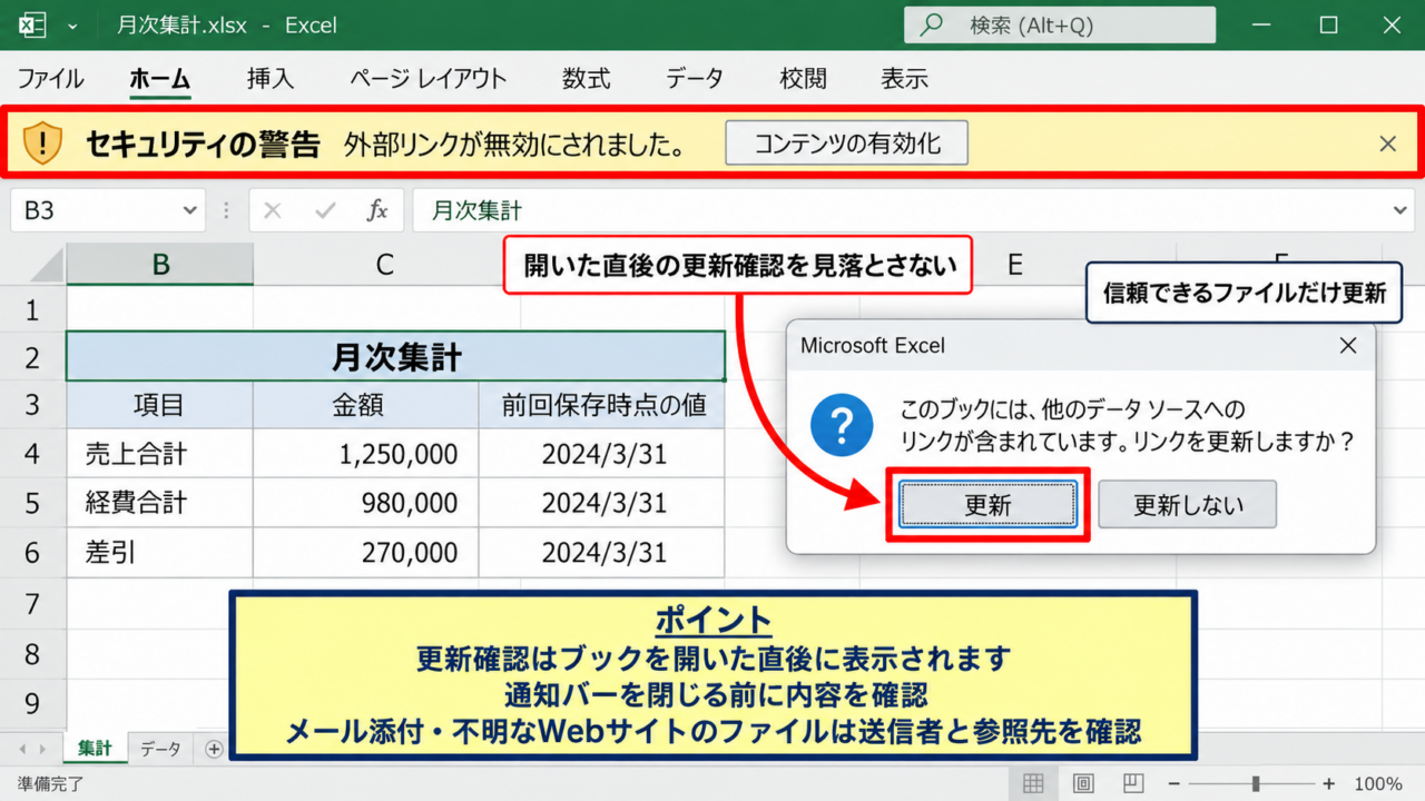 エクセルのリンクを更新・反映する基本操作 - 開いたときに表示される更新確認