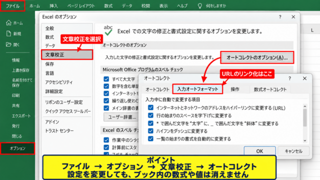 エクセルで自動リンクを停止する設定 - オートコレクトの設定画面