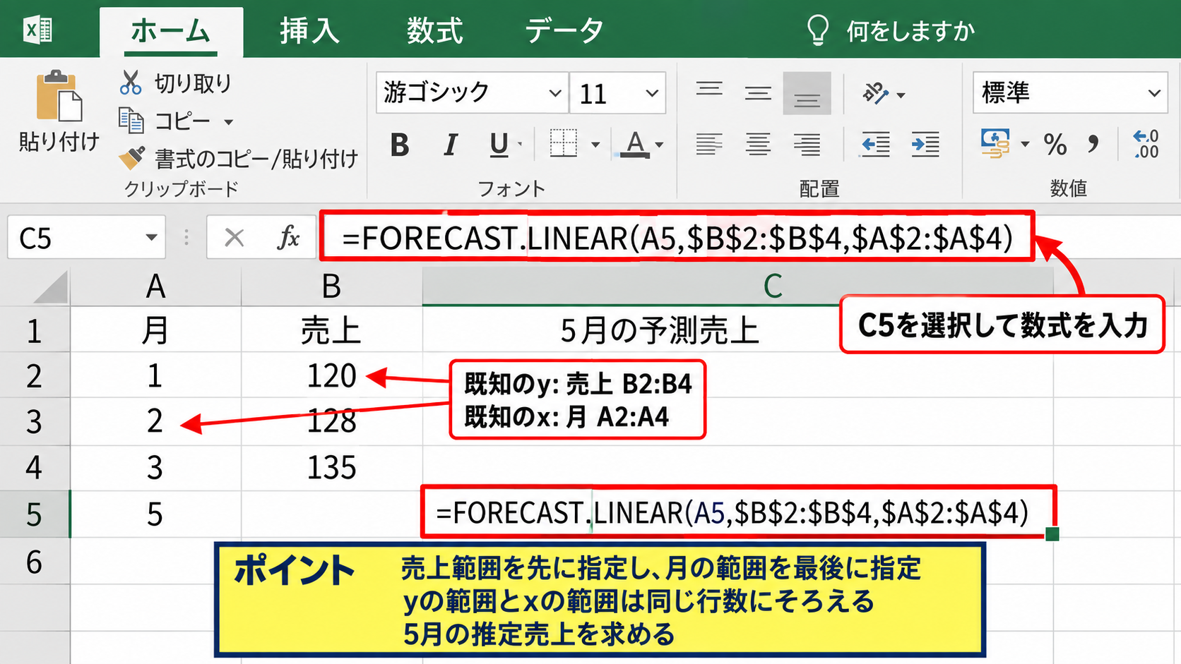 エクセルの予測関数で将来値を計算する方法 - FORECAST.LINEAR関数の数式入力