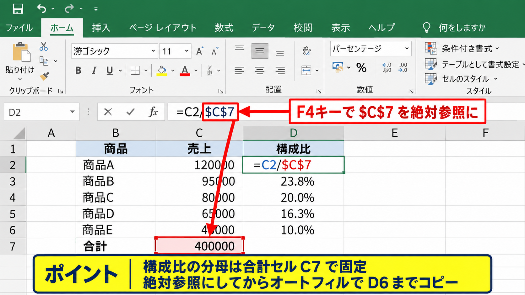 エクセルでパーセントを出す基本計算 - 合計に対する構成比の固定参照