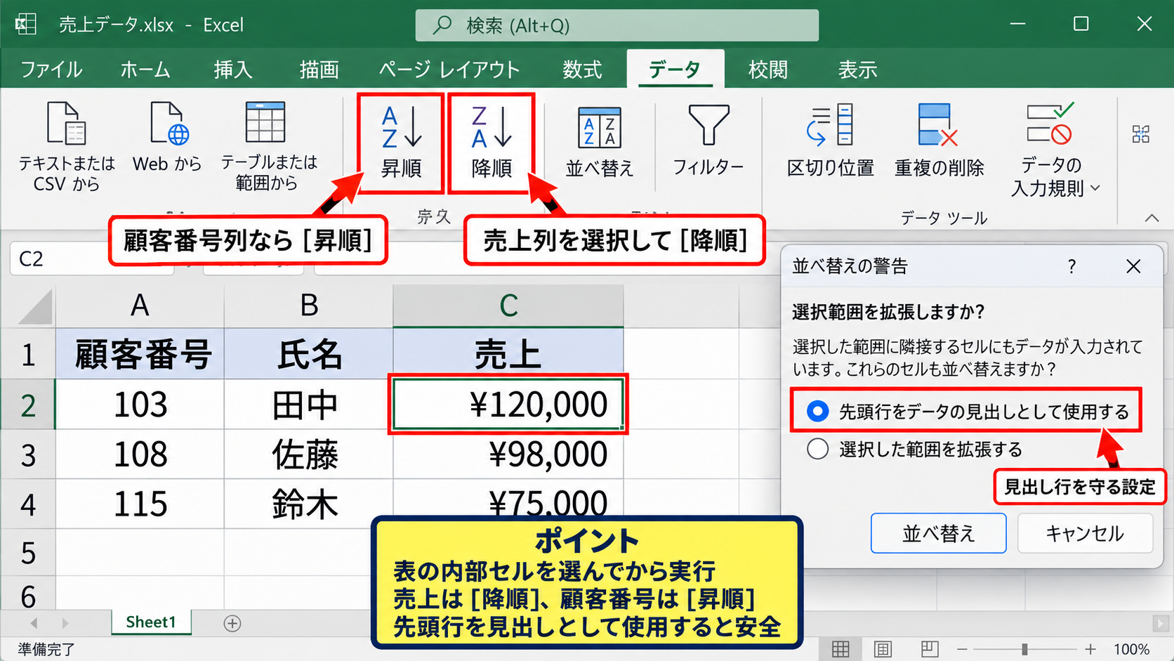 エクセルで昇順・降順に並べ替える方法 - データタブから昇順と降順を指定する操作