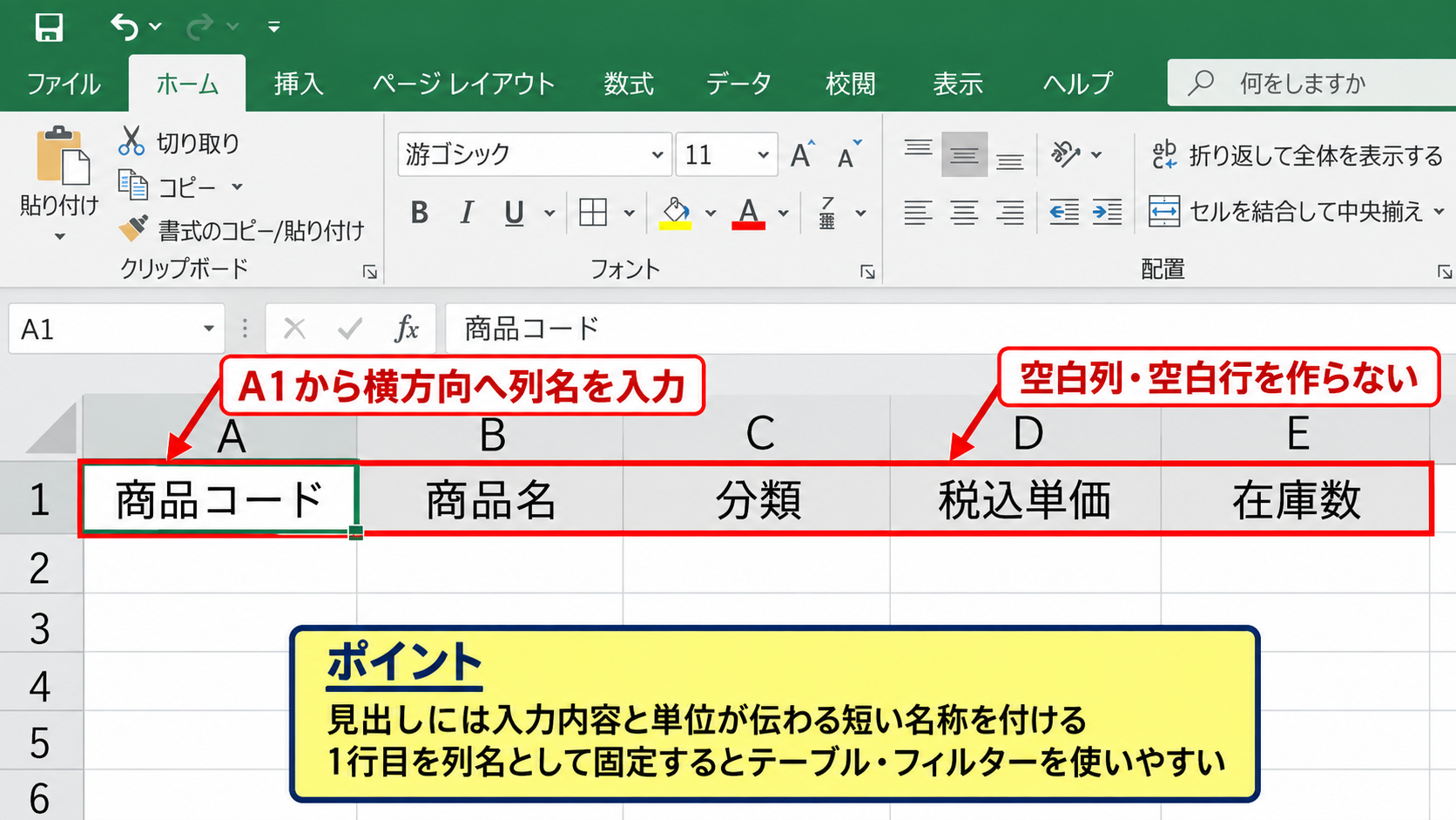 エクセルで一覧表を作る基本手順 - 一行目への見出し入力