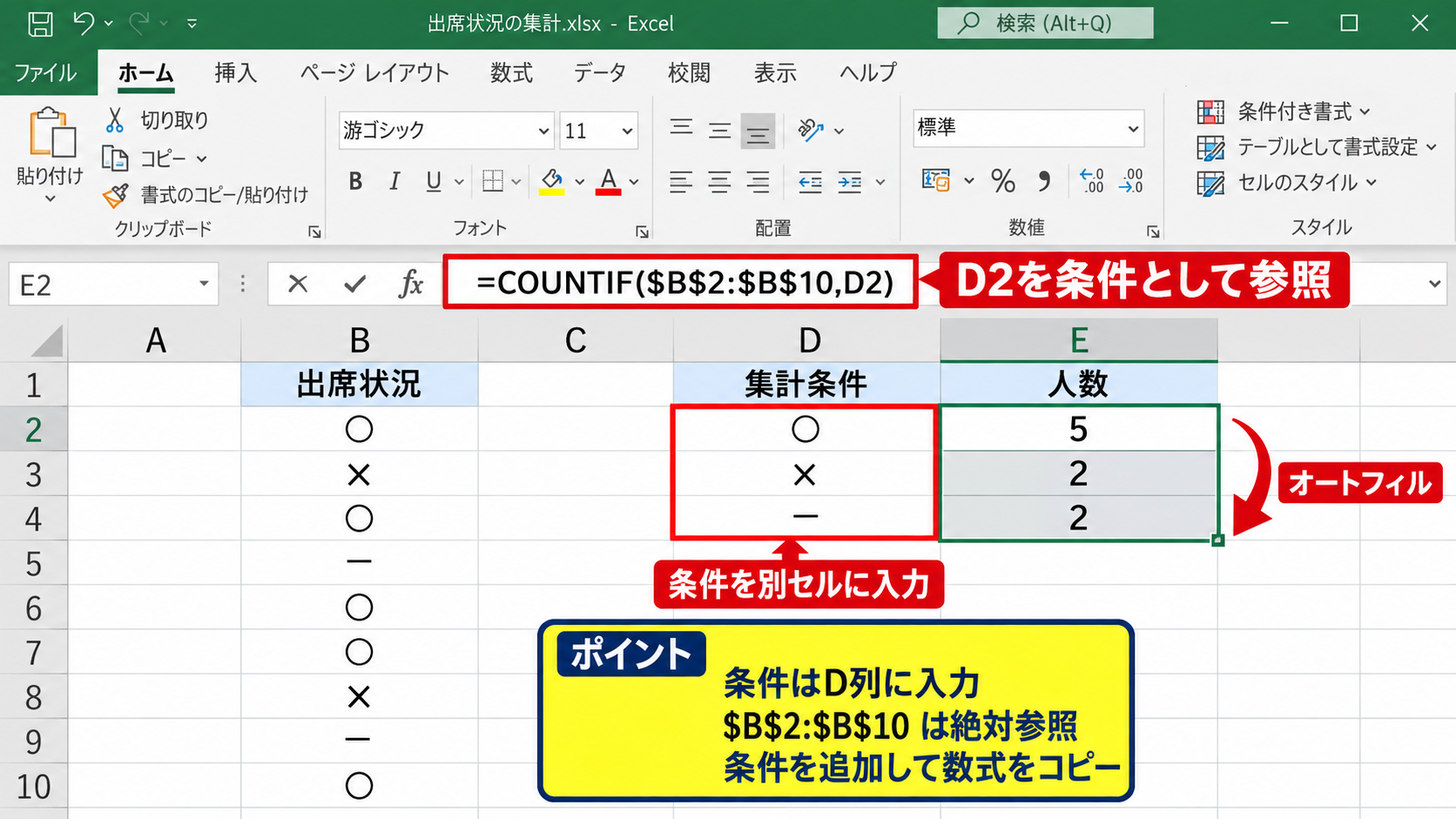 エクセルで記号を数えるCOUNTIF関数の基本 - セル参照で条件を指定する方法