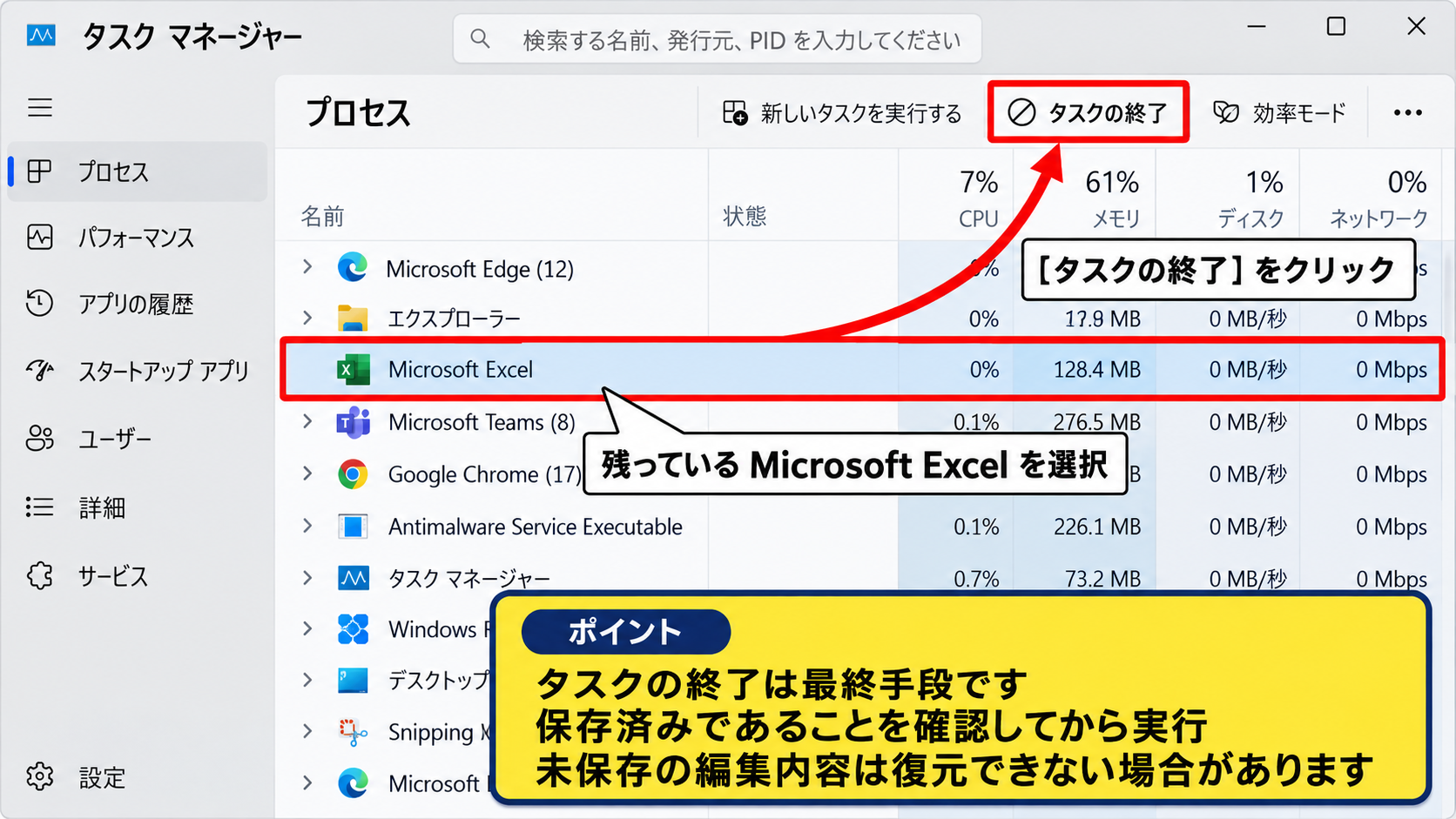 Excelを再起動してマウスポインタを戻す方法 - タスク マネージャーで残ったExcel処理を確認する操作