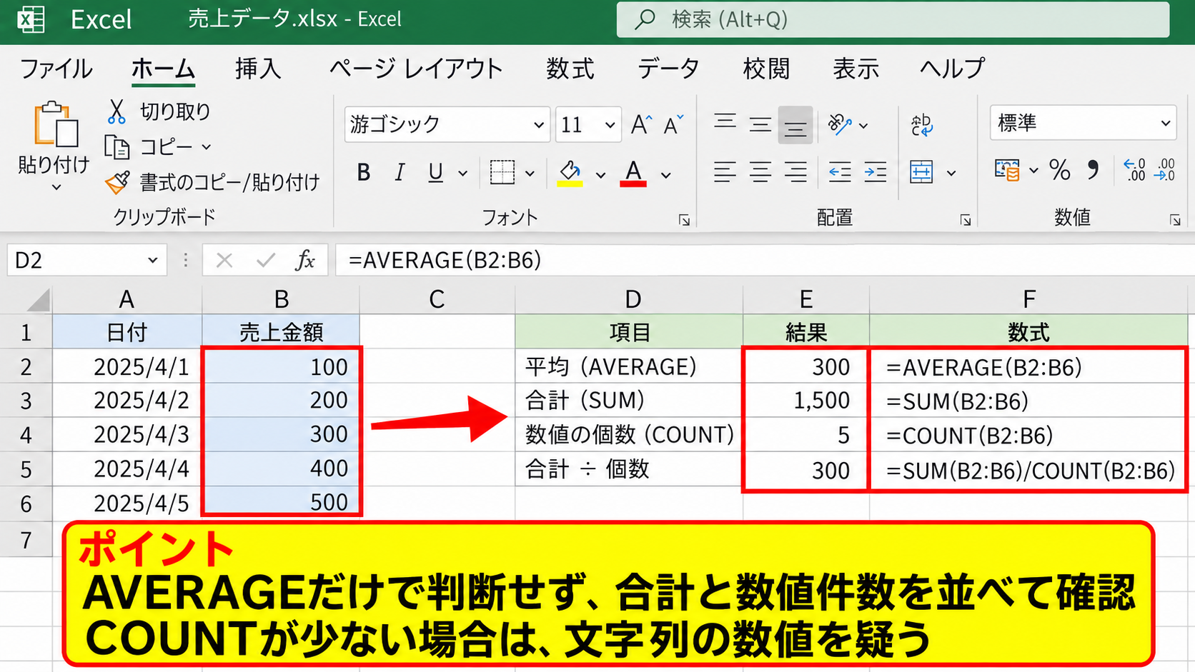 AVERAGE関数の計算範囲と数値データの確認 - 合計と件数による検算